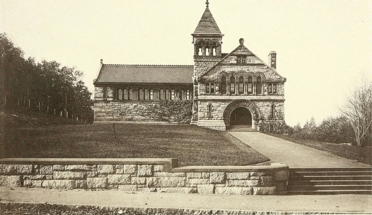A stone library with a gabled tower in North Easton village, from an 1886 history of Easton
